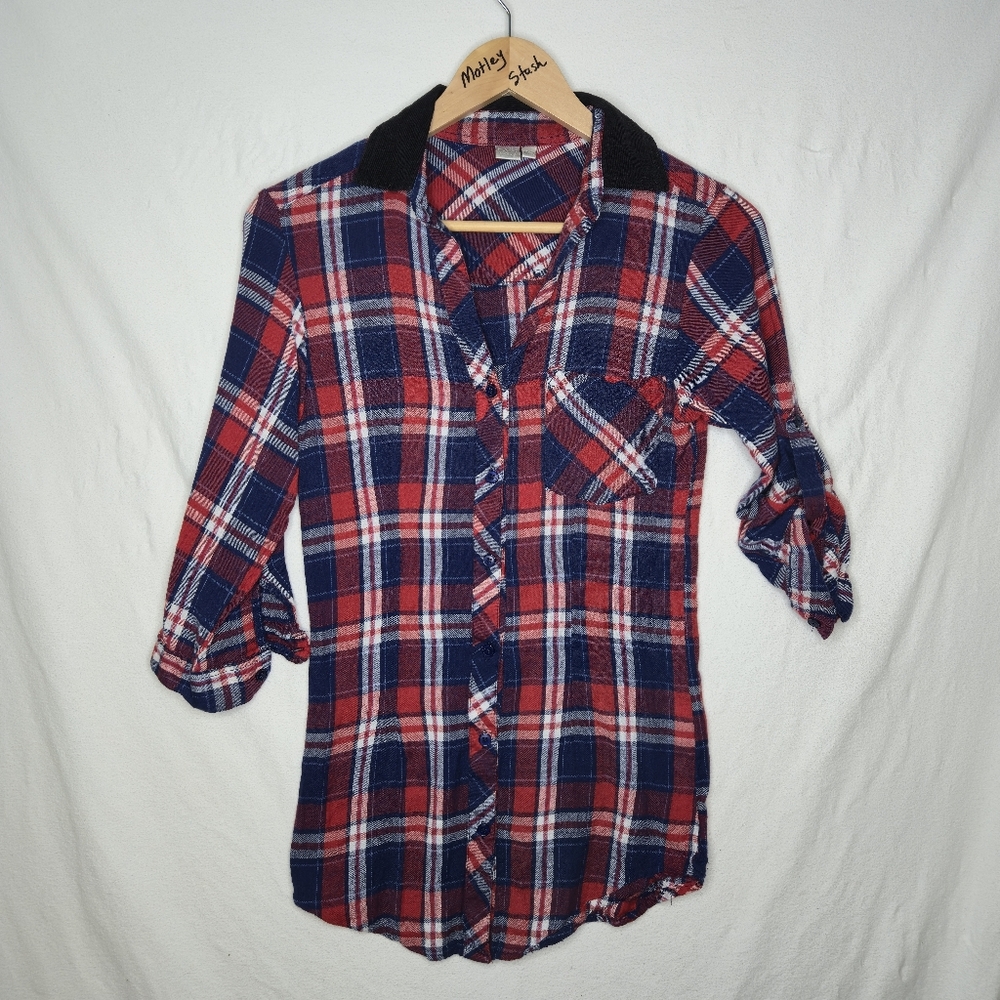 Twik By Simons Ladies Button Front Red Blue Plaid Shirt Size XS